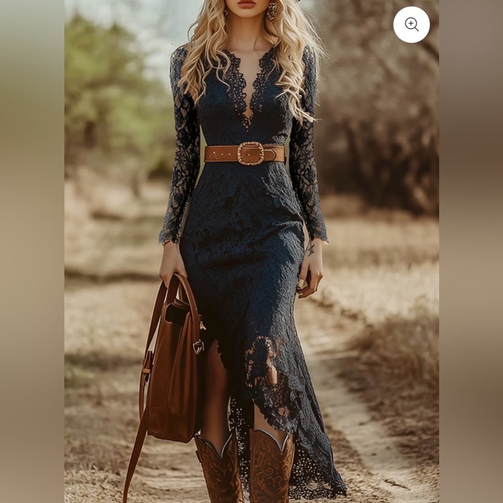 OYROSY Navy Blue Lace Western Midi Dress – Deep V – XS – NWOT